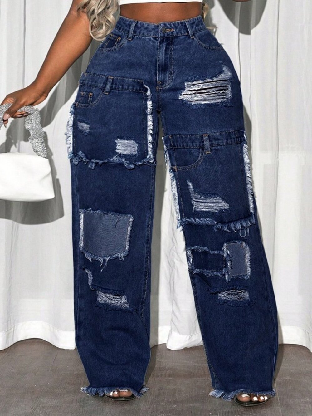 Blue Casual Women's Plus Size Street Ripped Denim Jeans